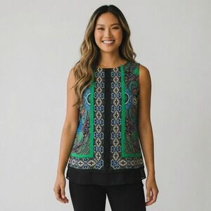 Rose + Olive Green Paisley Sleeveless Blouse Zipper Back‎ Layered Hem Top Large